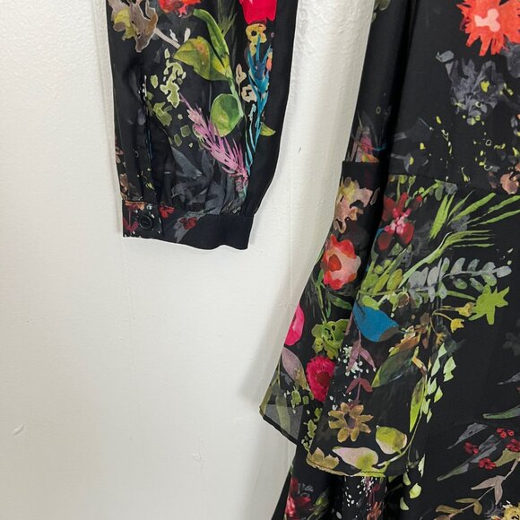 Parker Midi Dress Black Colorful Floral Button Down Long Sleeve Belted 4 Small - Picture 5 of 6